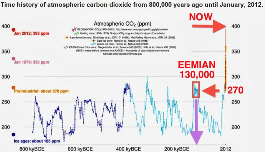 CO2 changes measured in Antarctic ice cores over the last 800,000 years. CO2 levels at the last interglacial, when the elevated sea level notches formed, were around 270 ppm, much less than the current value of 400ppm. After NASA (http://www.youtube.com/watch?v=vA7tfz3k_9A&feature=player_embedded#at=203).