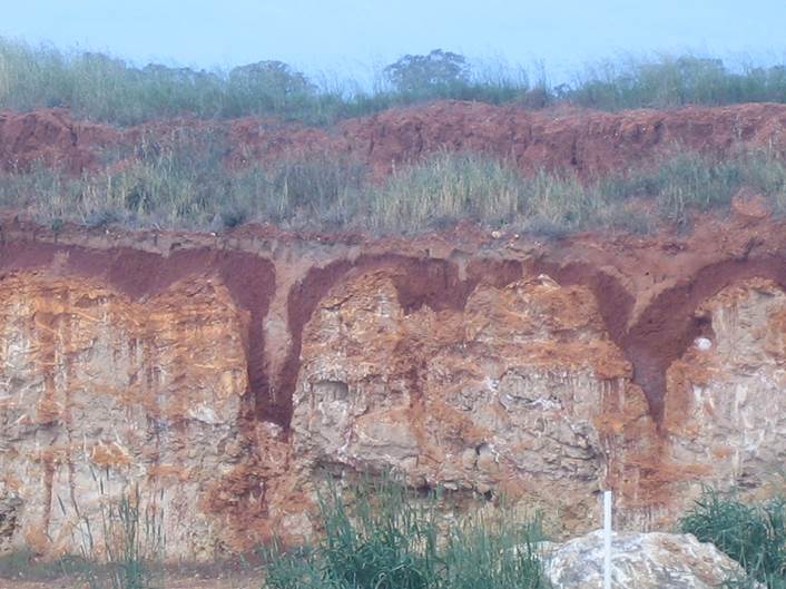 Cross section of red soils, visible where ground has been dug away in a field